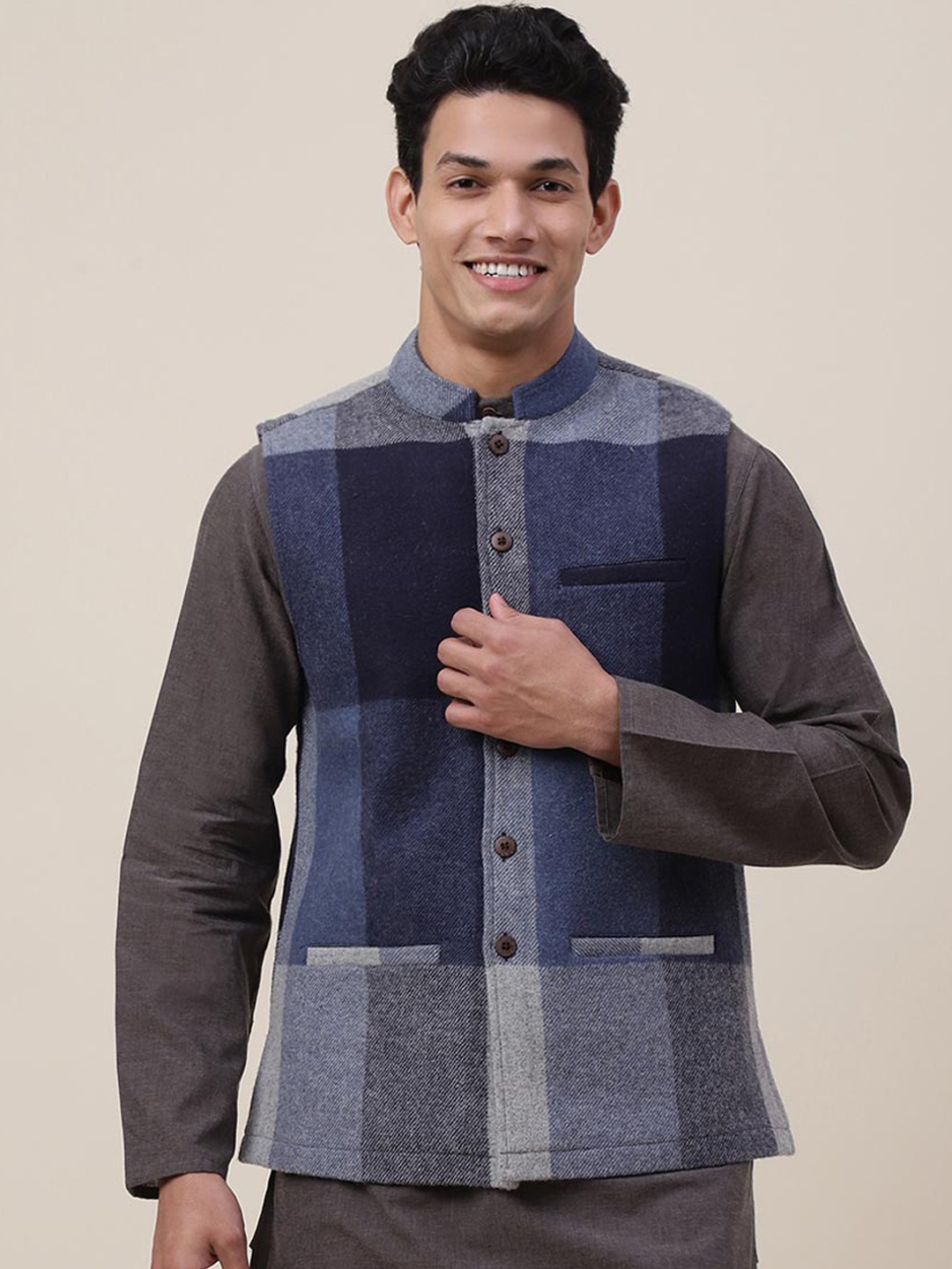 

Fabindia Men Blue Checked Pure Wool Nehru Jackets