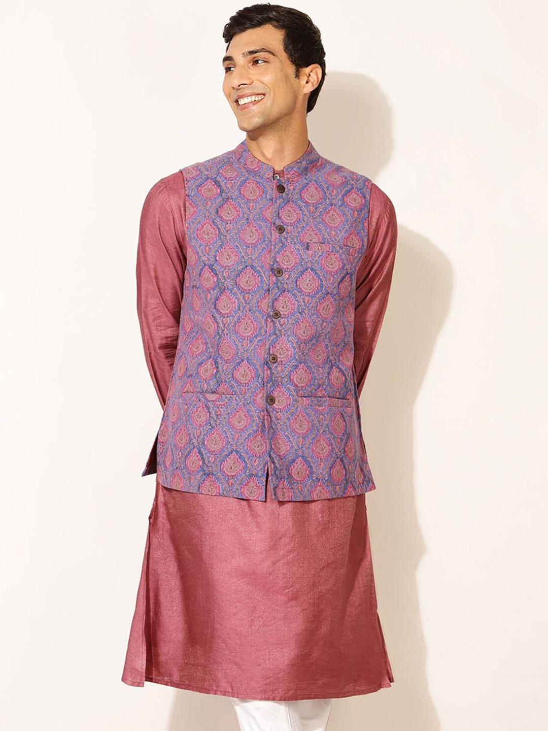 

Fabindia Men Purple Printed Cotton Nehru Jackets