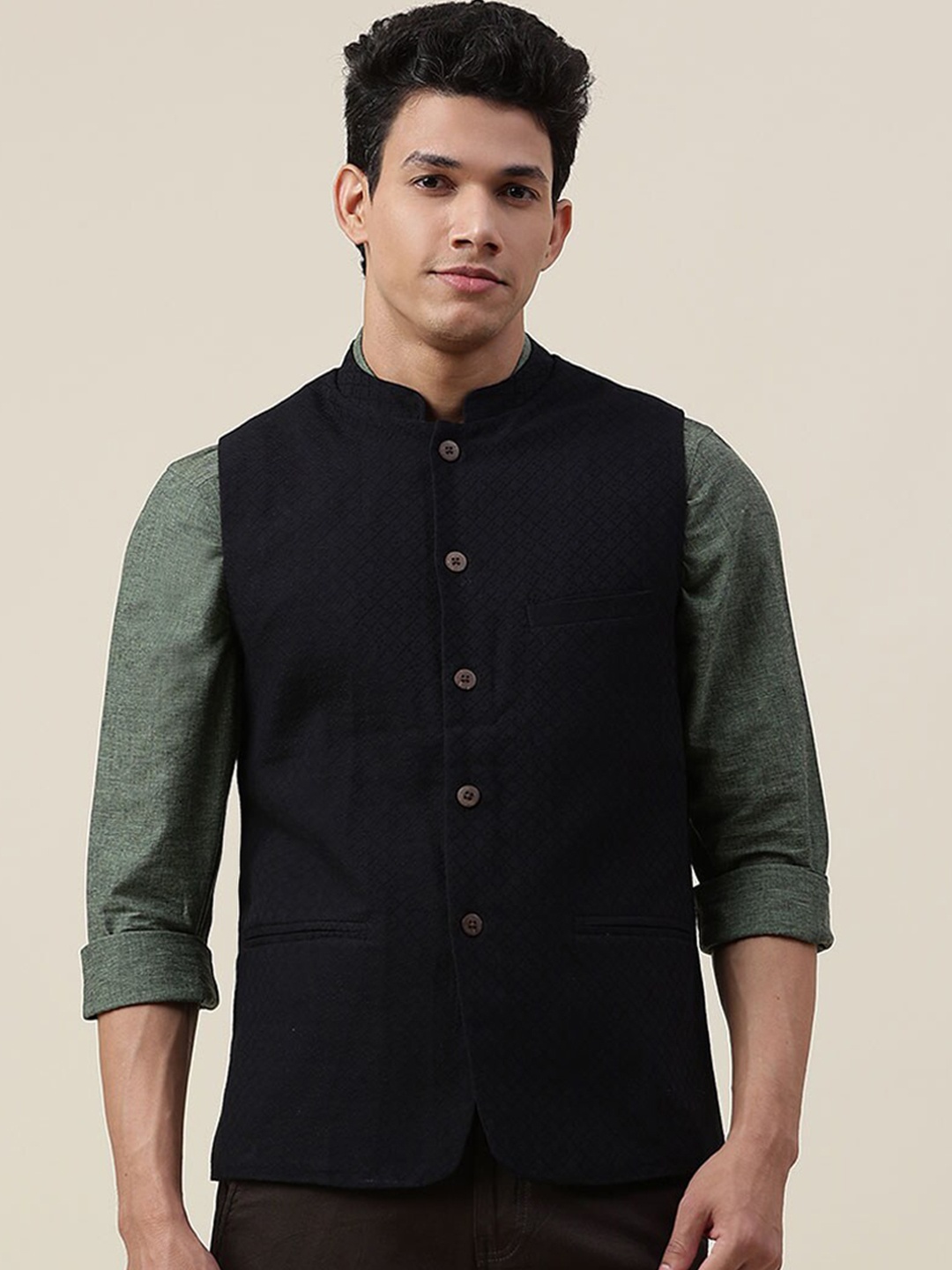 

Fabindia Men Black Dobby Woven Cotton Nehru Jackets