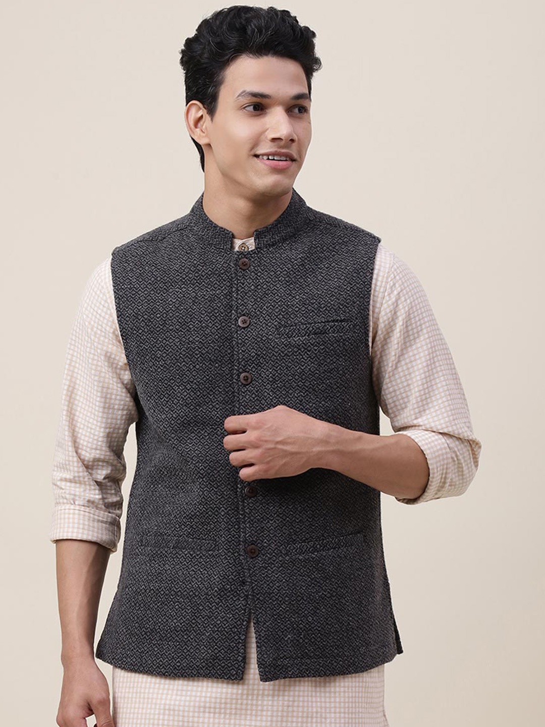 

Fabindia Men Grey Woven Design Pure Wool Nehru Jacket