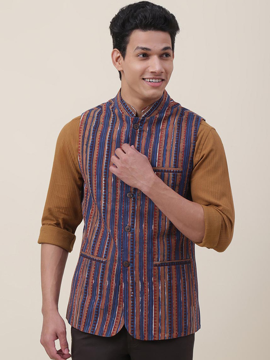 Fabindia Men Blue & Brown Striped Cotton Nehru Jackets