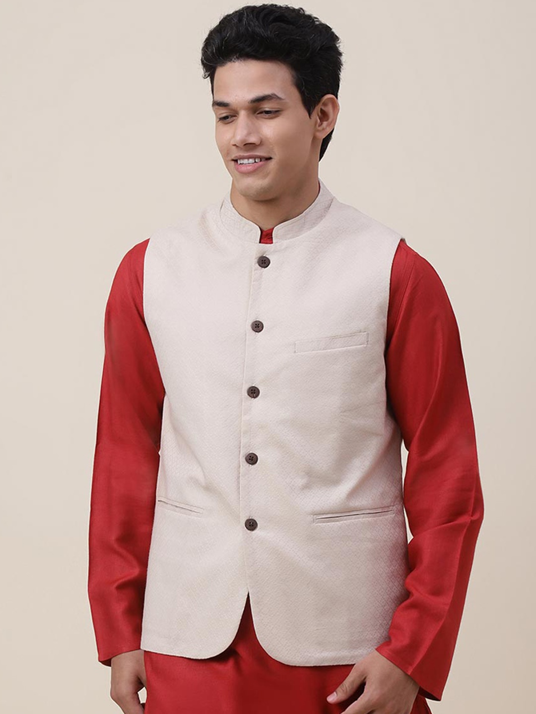 

Fabindia Men Beige Woven Design Nehru Jacket