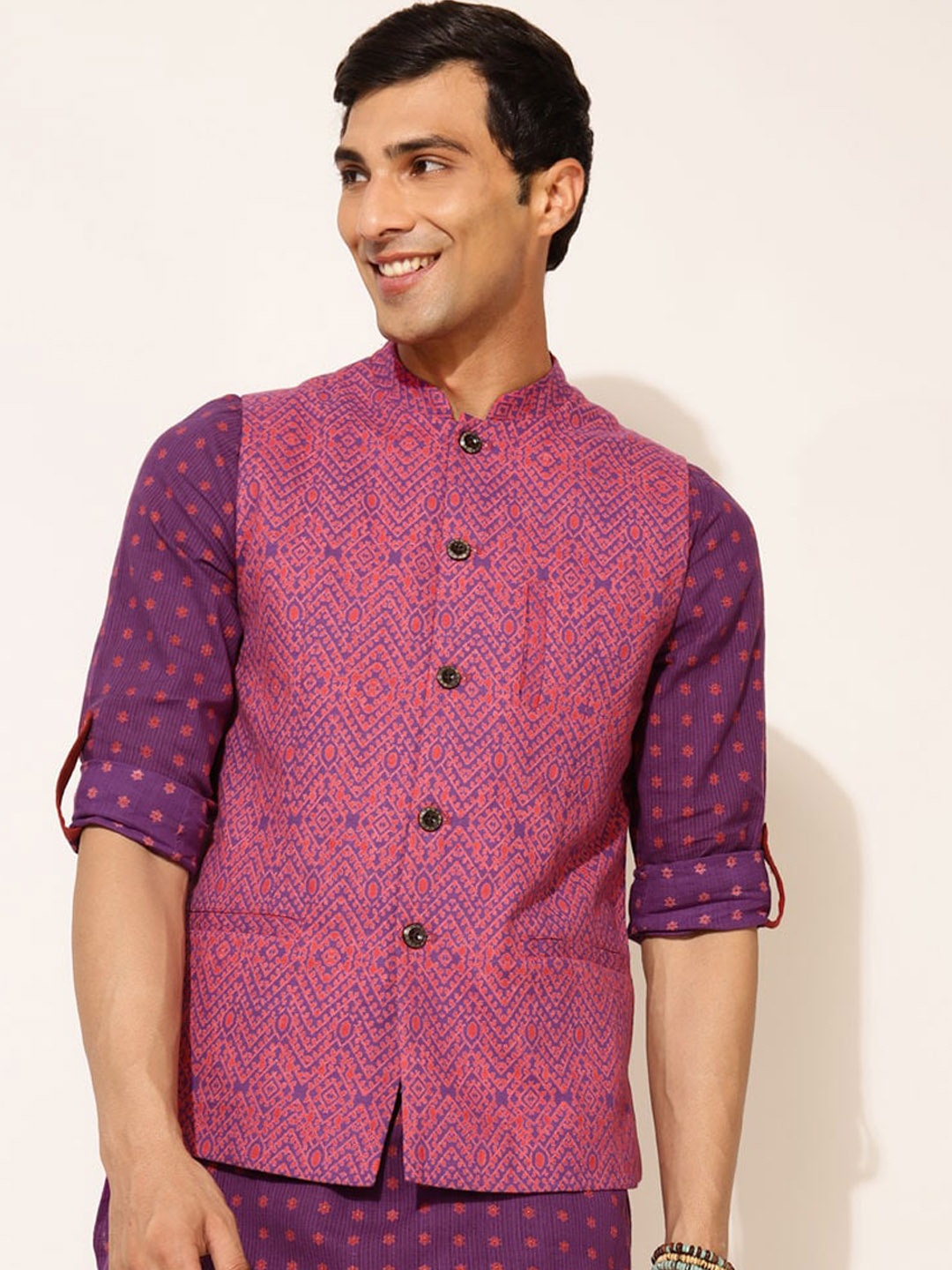 

Fabindia FabBasic Men Purple Printed Pure Cotton Nehru Jackets