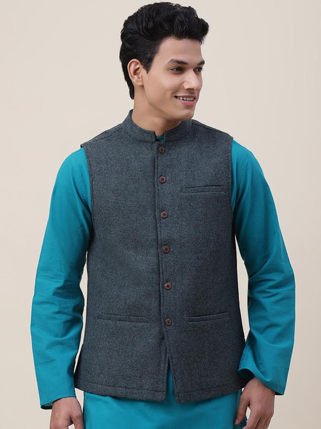 

Fabindia Men Blue Woven Design Pure Wool Nehru Jackets