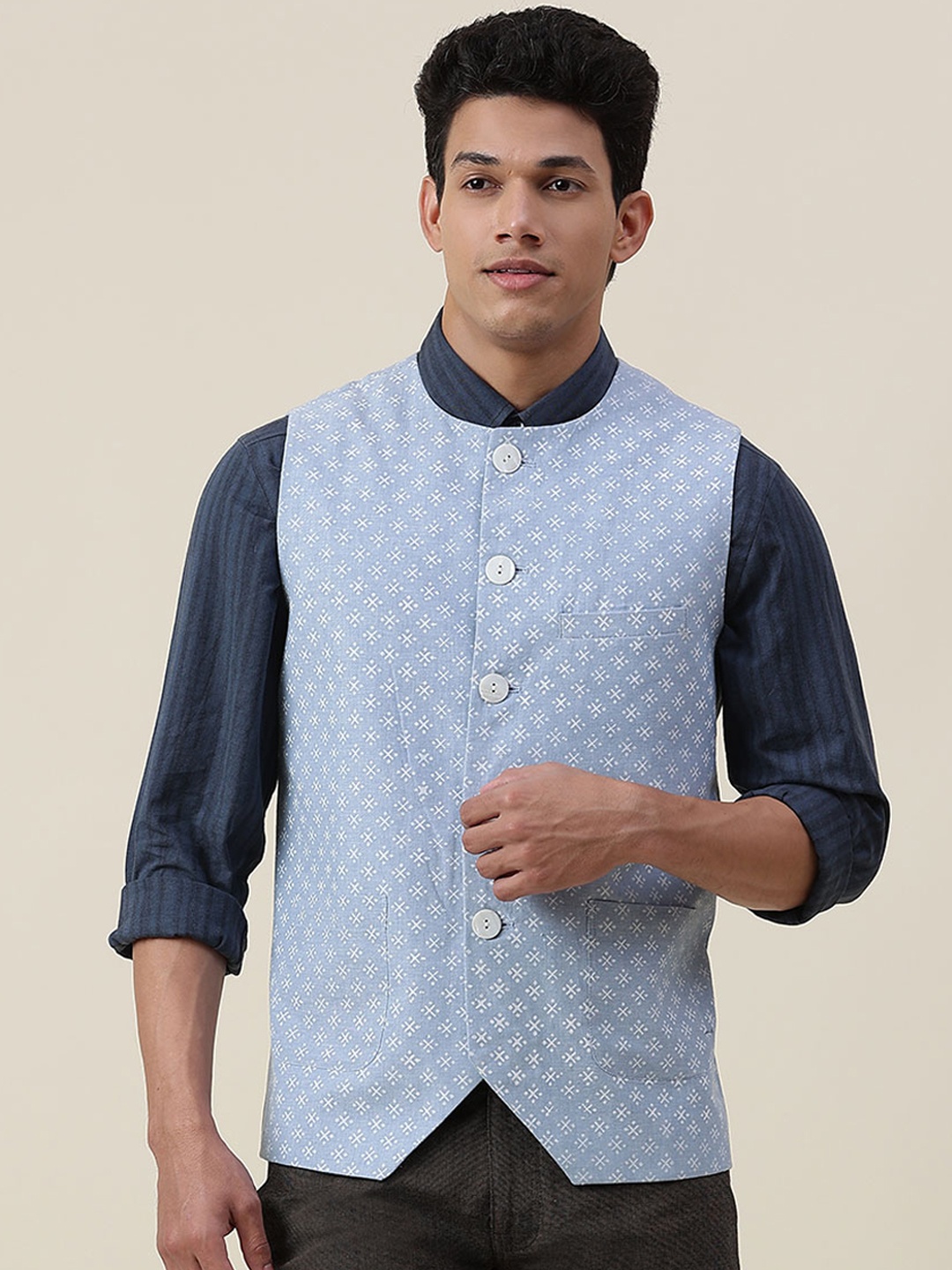 

Fabindia Men Blue Printed Woven Cotton Nehru Jackets