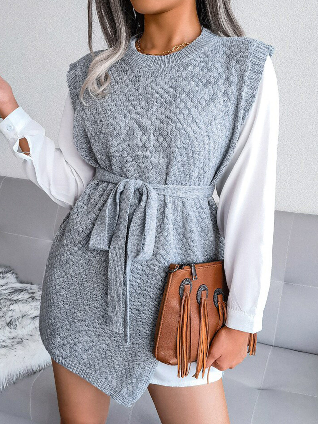 

BoStreet Women Grey Acrylic Longline Sweater Vest