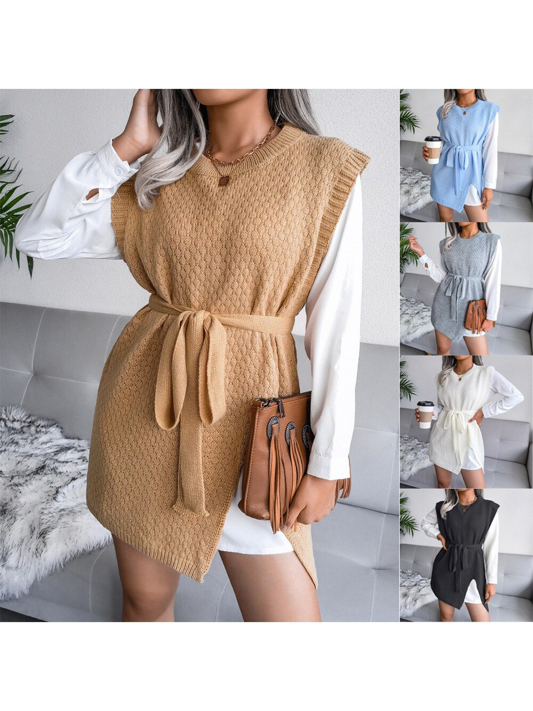 

BoStreet Women Khaki Longline Acrylic Sweater Vest