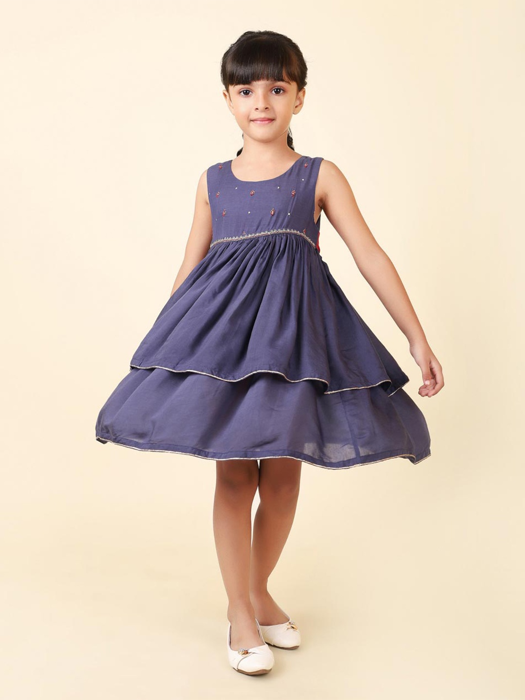 

Fabindia Girls Navy Blue Floral Embroidered Layered Dress