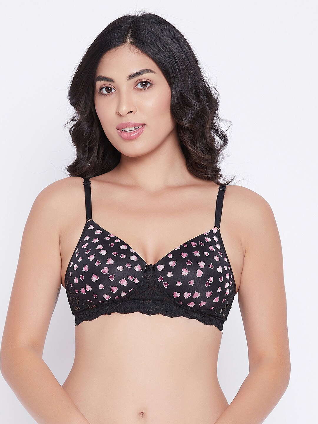 

Clovia Padded Non-Wired Full Cup Heart Print T-shirt Bra, Black