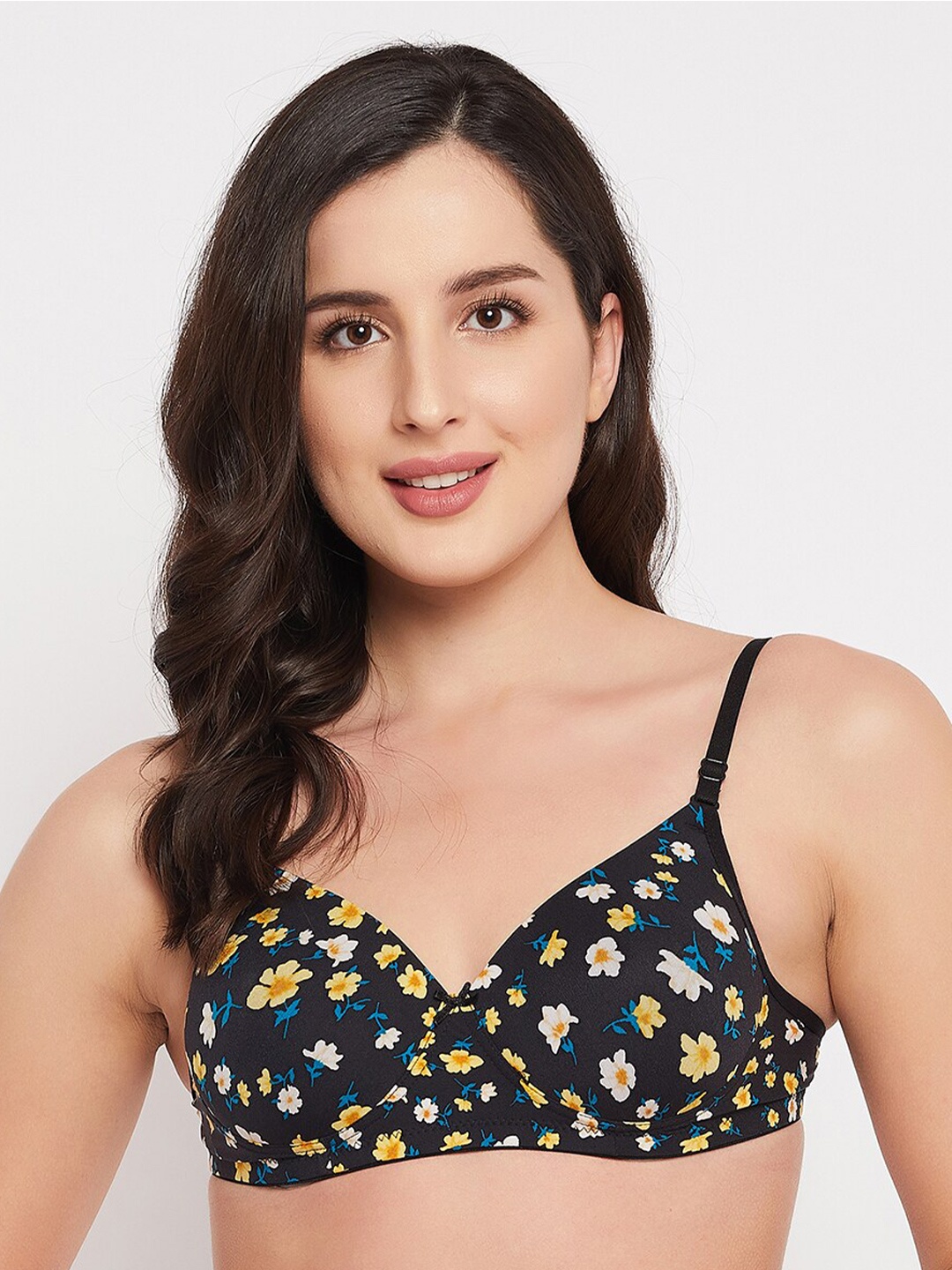 

Clovia Black & Yellow Floral Lightly Padded Non-Wired Multiway T-shirt Bra