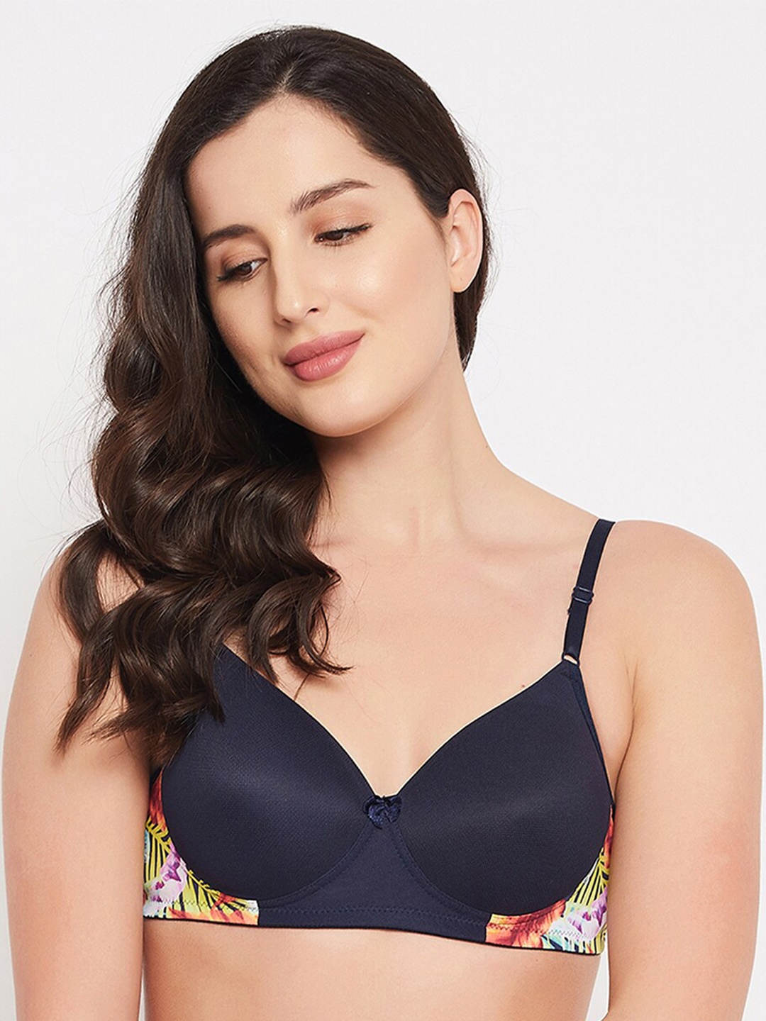 

Clovia Navy Blue & Green Printed Lightly Padded Non-Wired T-shirt Bra