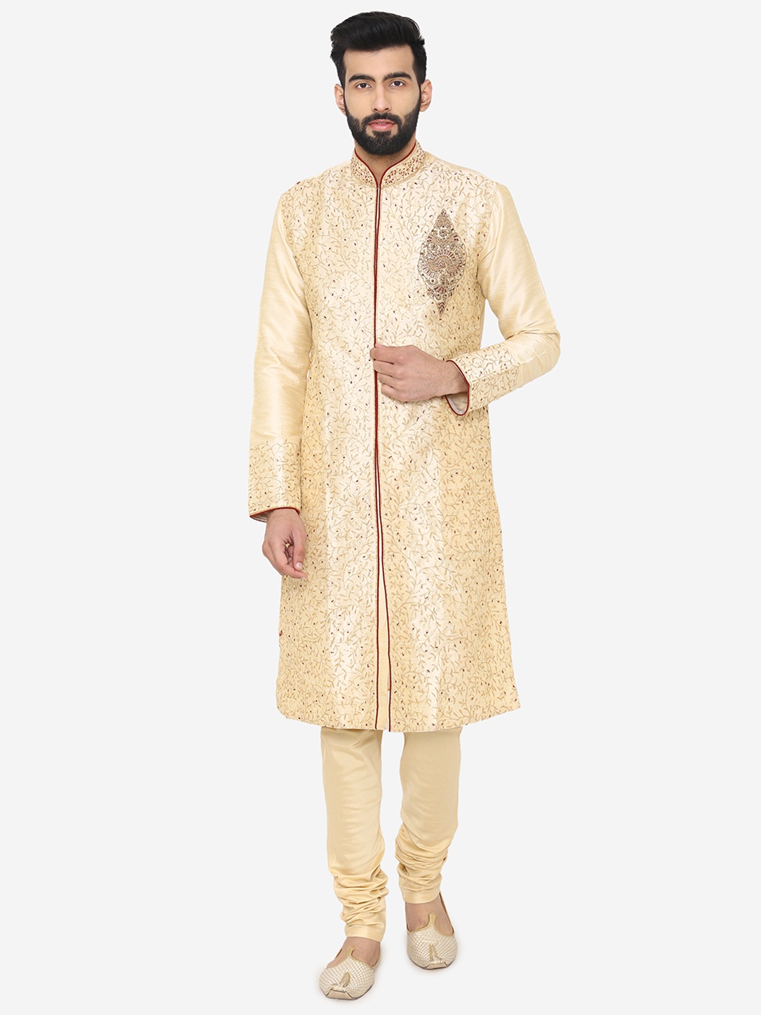 

Manyavar Men Gold-Toned Embroidered Beads and Stones Kurta with Churidar