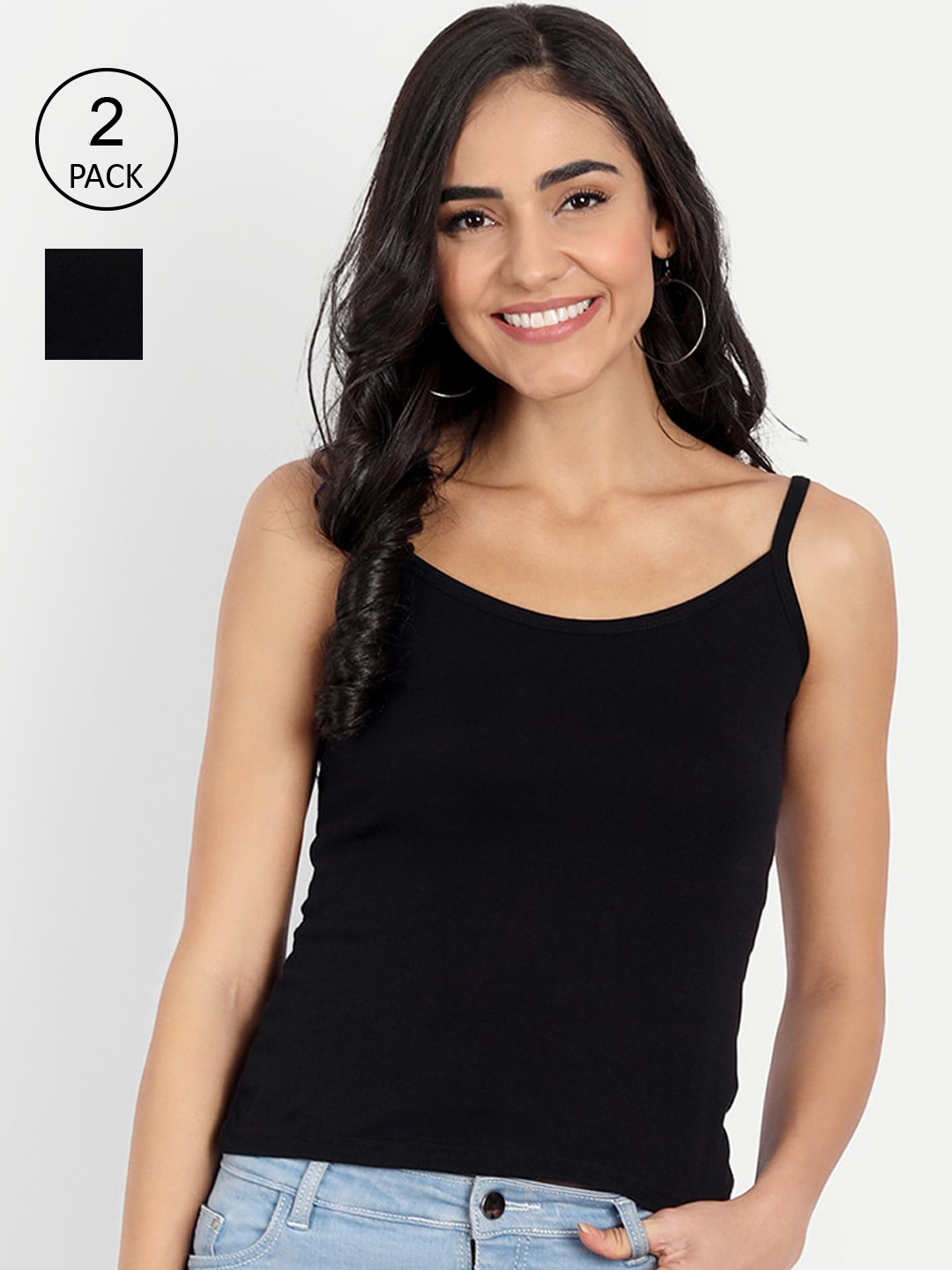

BLAZON Women Pack of 2 Black Solid Pure Cotton Non-Padded Camisole