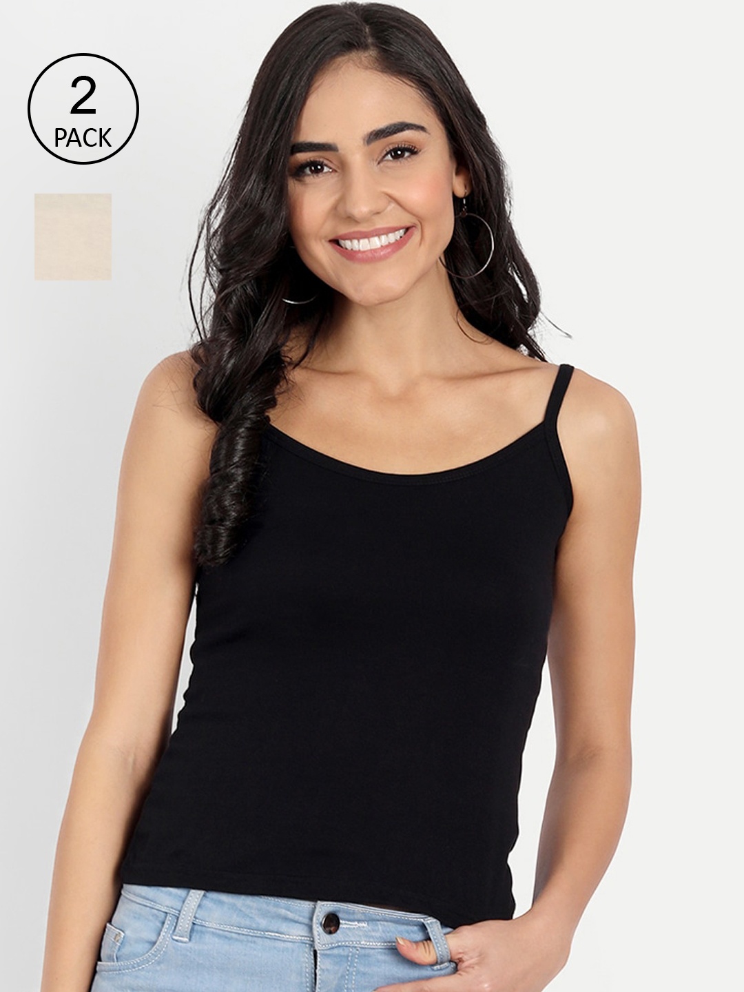 

BLAZON Women Pack of 2 Black & Off-White Solid Pure Cotton Non-Padded Camisole