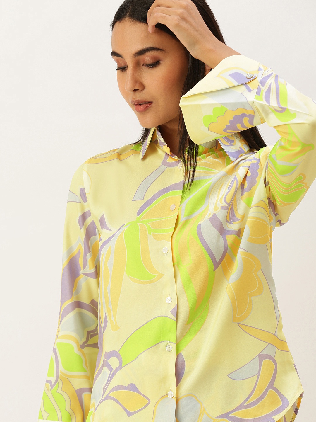 

SHECZZAR Women Yellow & Lilac Floral Print Shirt & Trousers
