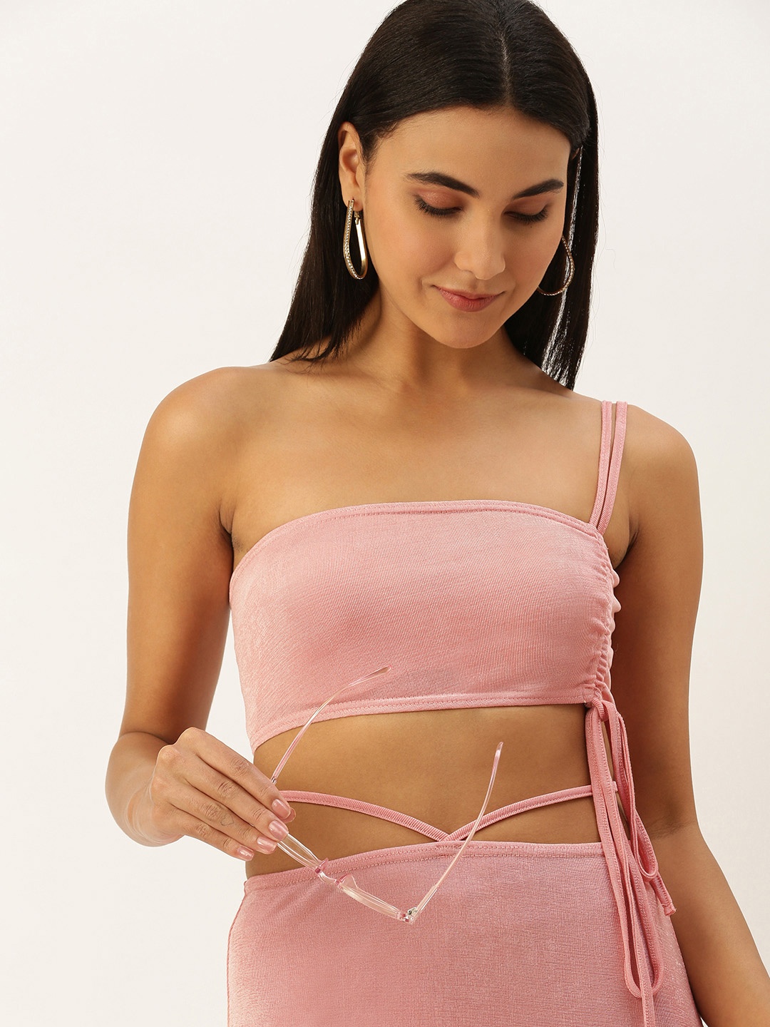 

SHECZZAR Women Pink Solid One-Shoulder Top & Skirt