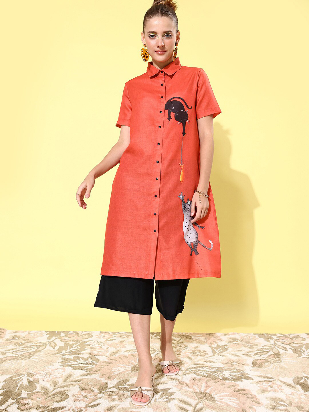 

StyleStone Women White & Black Quirky Printed Loose Shirt with Culottes, Orange