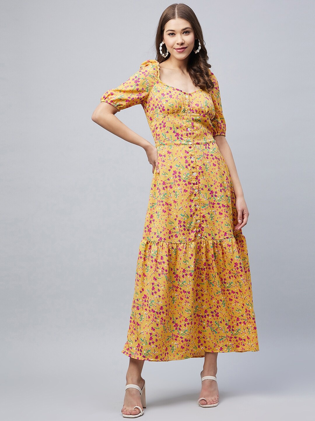 

StyleStone Yellow & Pink Floral Crepe Maxi Dress