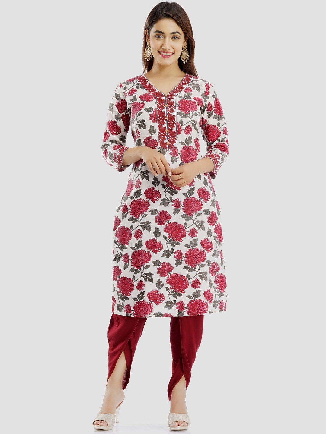 

PARCHHAI Women Red Floral Printed Pure Cotton Kurta with Dhoti Pants