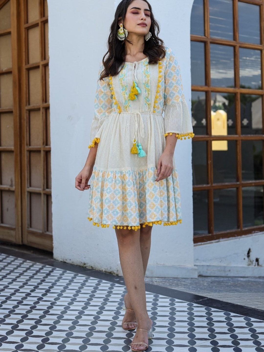 

AUTUMN LANE Women Cream & Yellow Embroidered & Tasseled Cotton Flared Dress