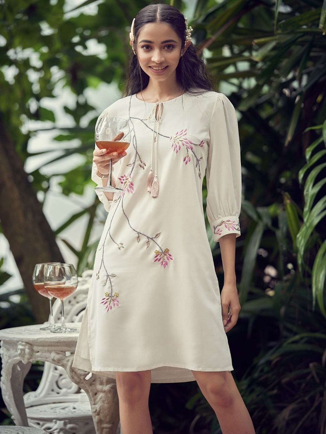 

AUTUMN LANE Women Cream Embroidered Cotton Ethnic Dresses