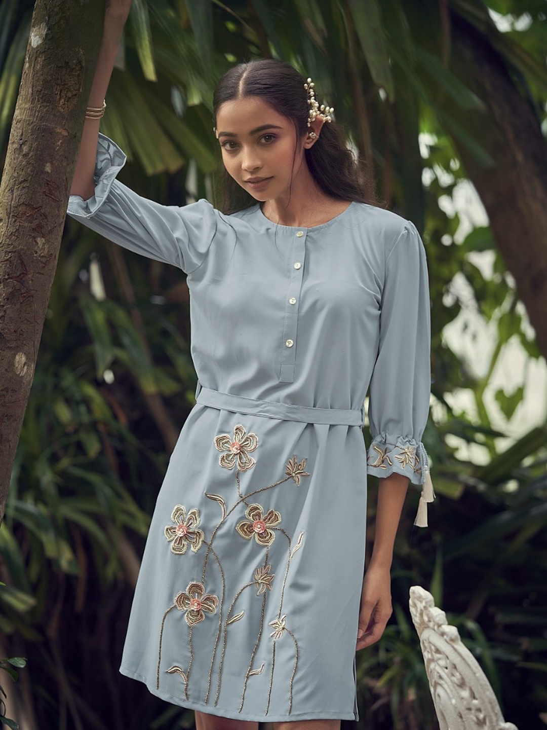 

AUTUMN LANE Women Blue & Brown Embroidered A-Line Above Knee-Length Cotton Dress