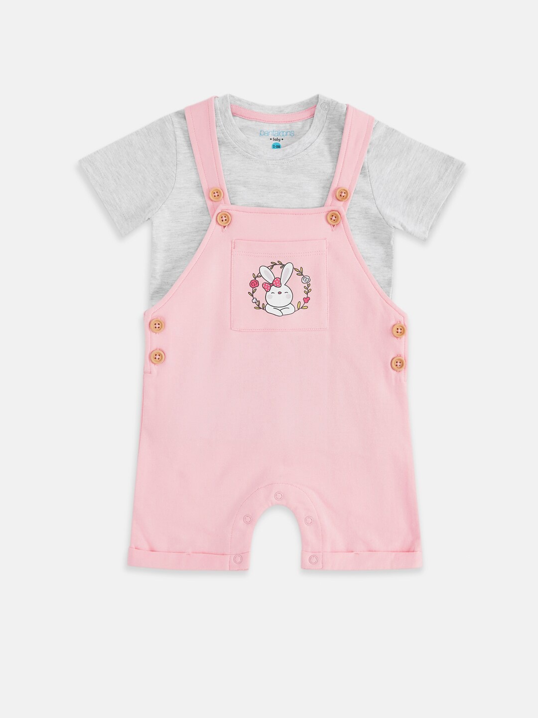 

Pantaloons Baby Girls Pink & Grey Cotton Dungaree With T-shirt