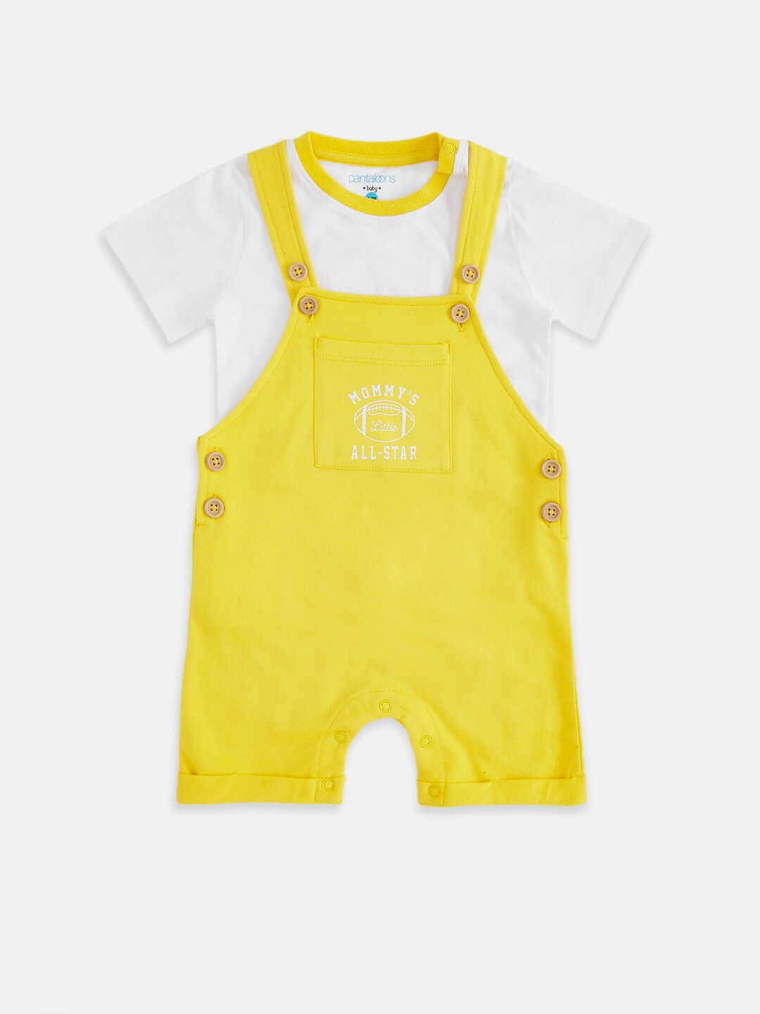 

Pantaloons Baby Boys Yellow & White Cotton Dungaree With T-shirt