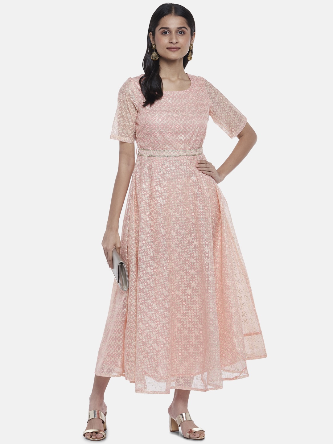 

AKKRITI BY PANTALOONS Women Pink Ethnic Printed Fit & Flare Dress