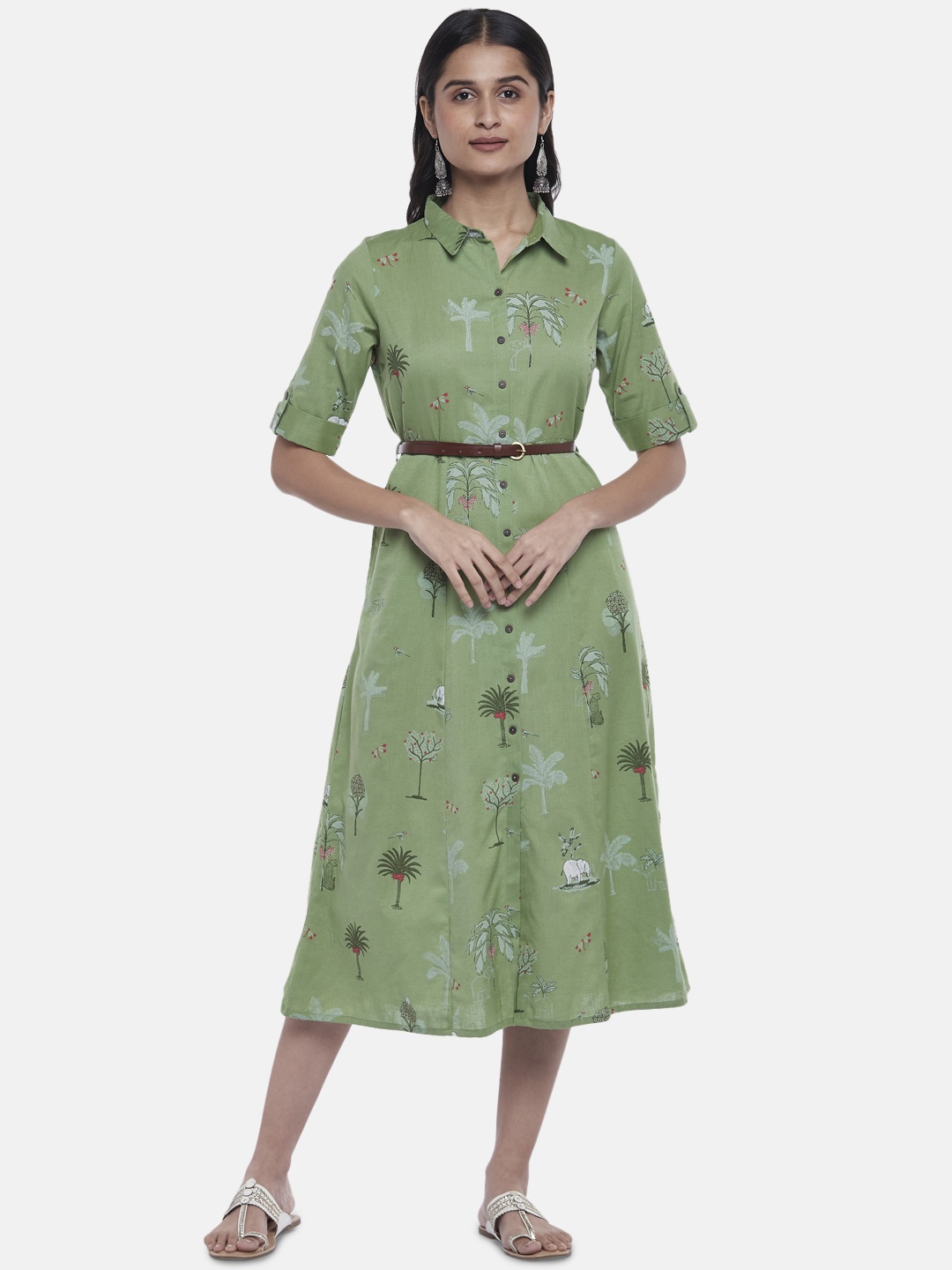 

AKKRITI BY PANTALOONS Women Olive Green Tropical Printed Shirt Dress