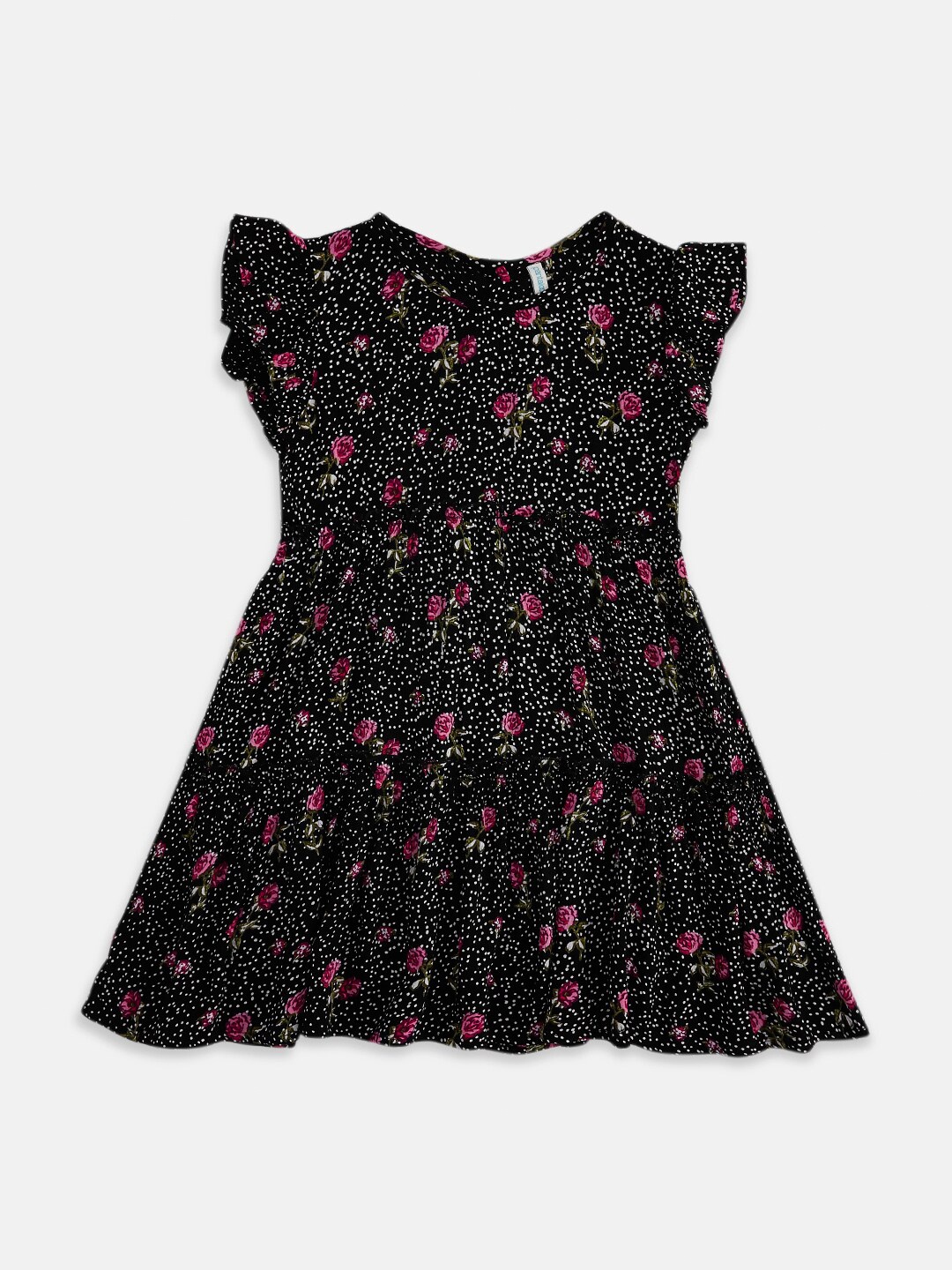Pantaloons Junior Girls Black & Pink Floral Cotton Dress