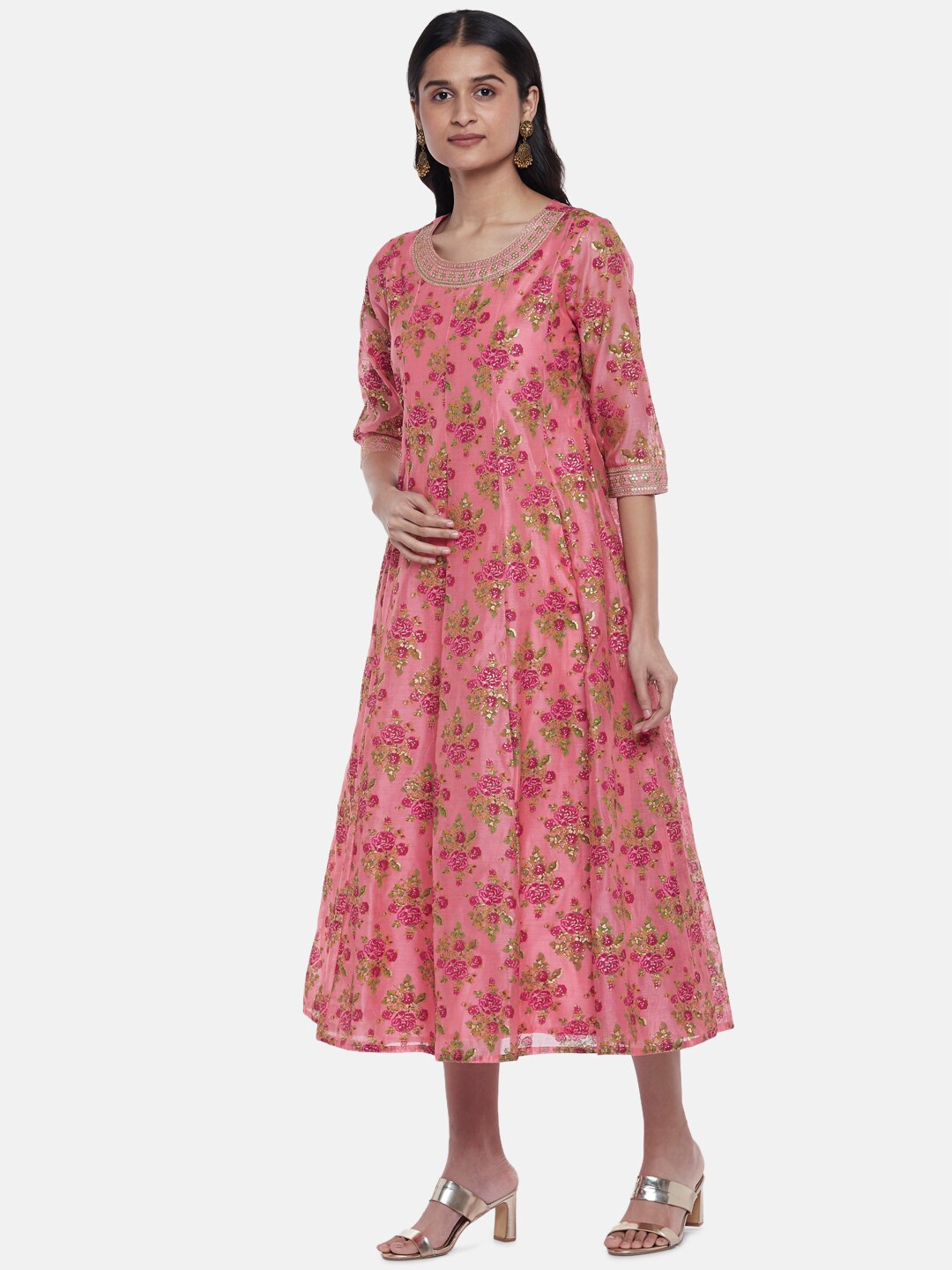 RANGMANCH BY PANTALOONS Women Coral Floral Chanderi Cotton A-Line Midi Dress WIth Dupatta