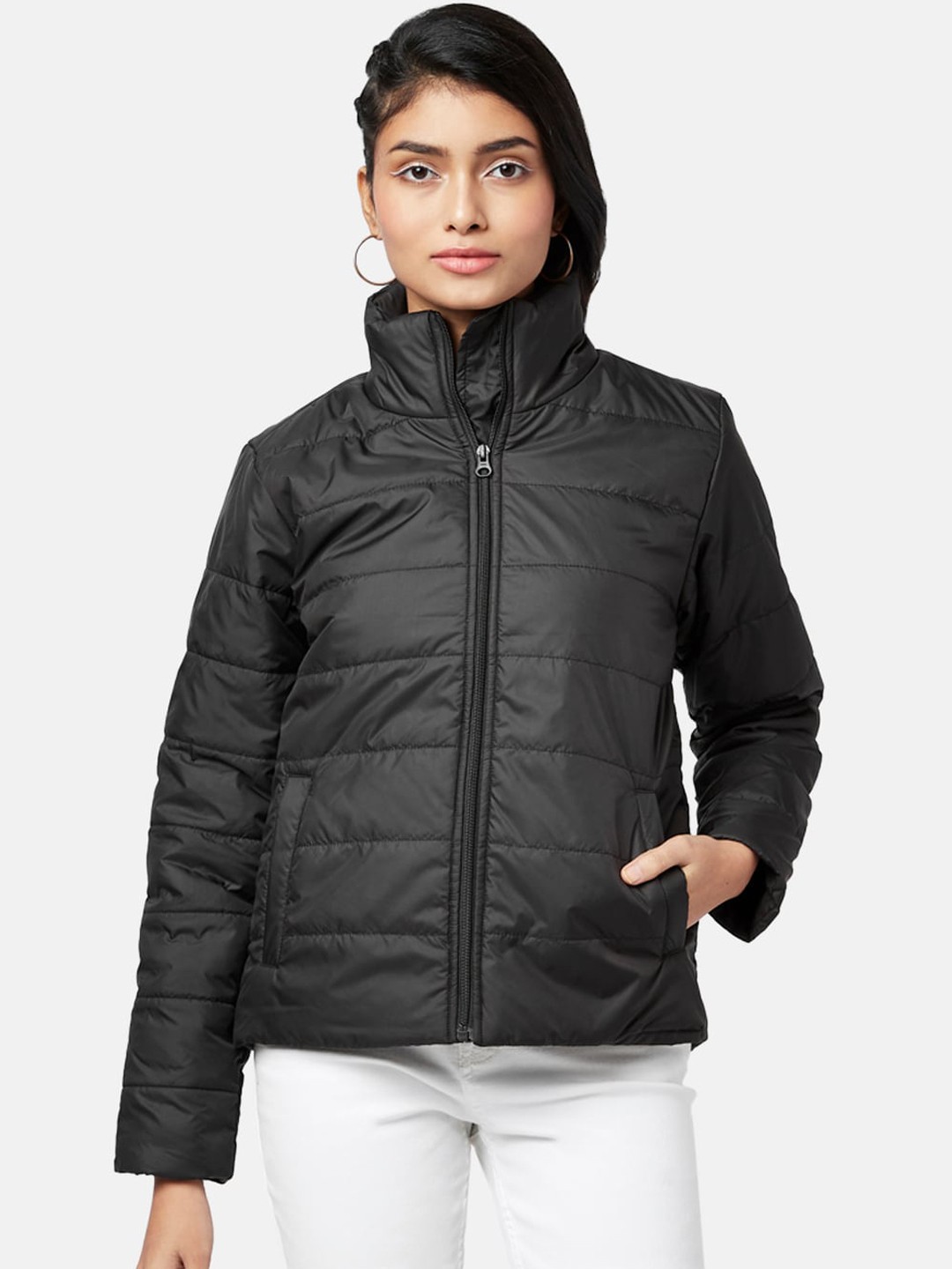 

People Women Black Solid Padded Jacket