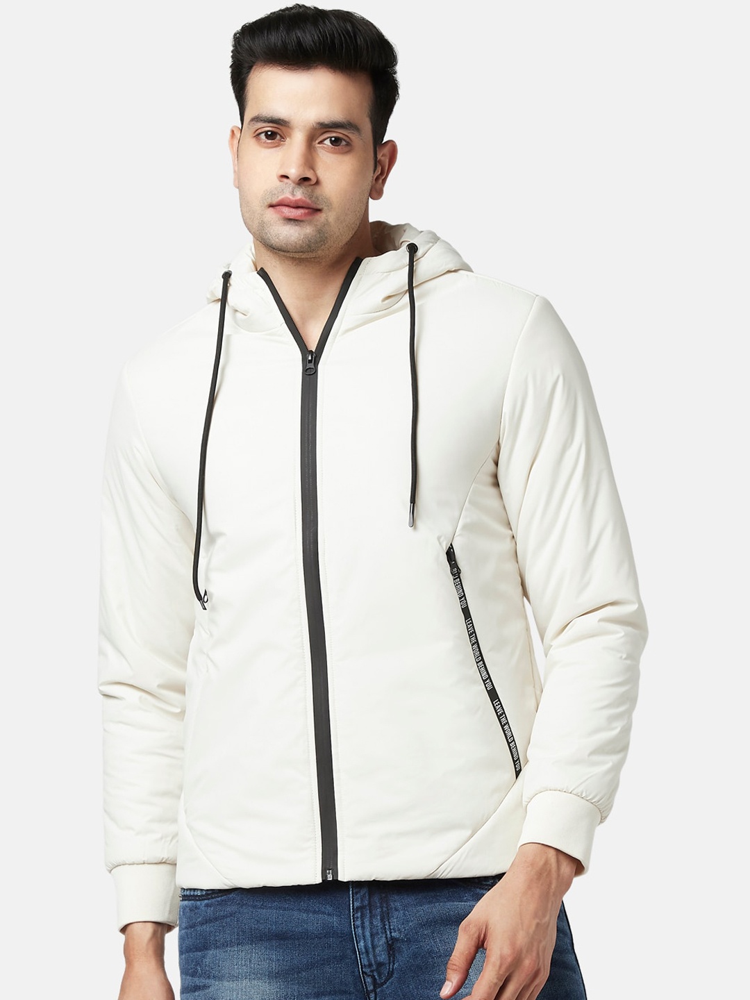 

People Men Off White Solid Hooded Bomber Jacket