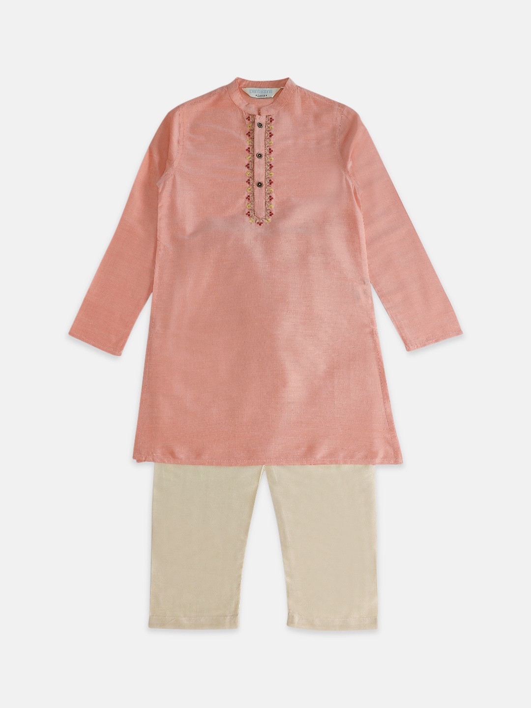 

indus route by Pantaloons Boys Peach-Coloured Thread Work Kurta with Pyjamas