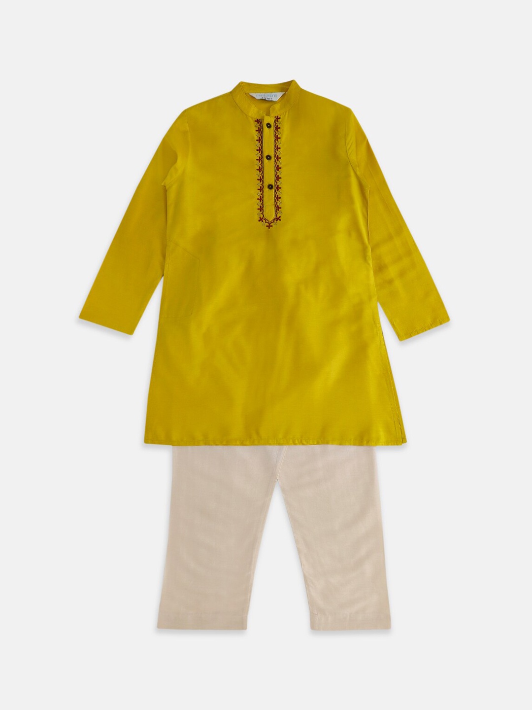 

indus route by Pantaloons Boys Mustard Yellow Thread Work Kurta with Pyjamas