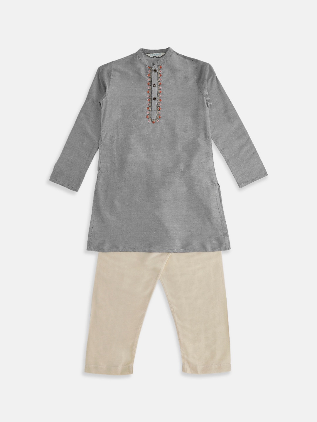 

indus route by Pantaloons Boys Grey Thread Work Kurta with Pyjamas