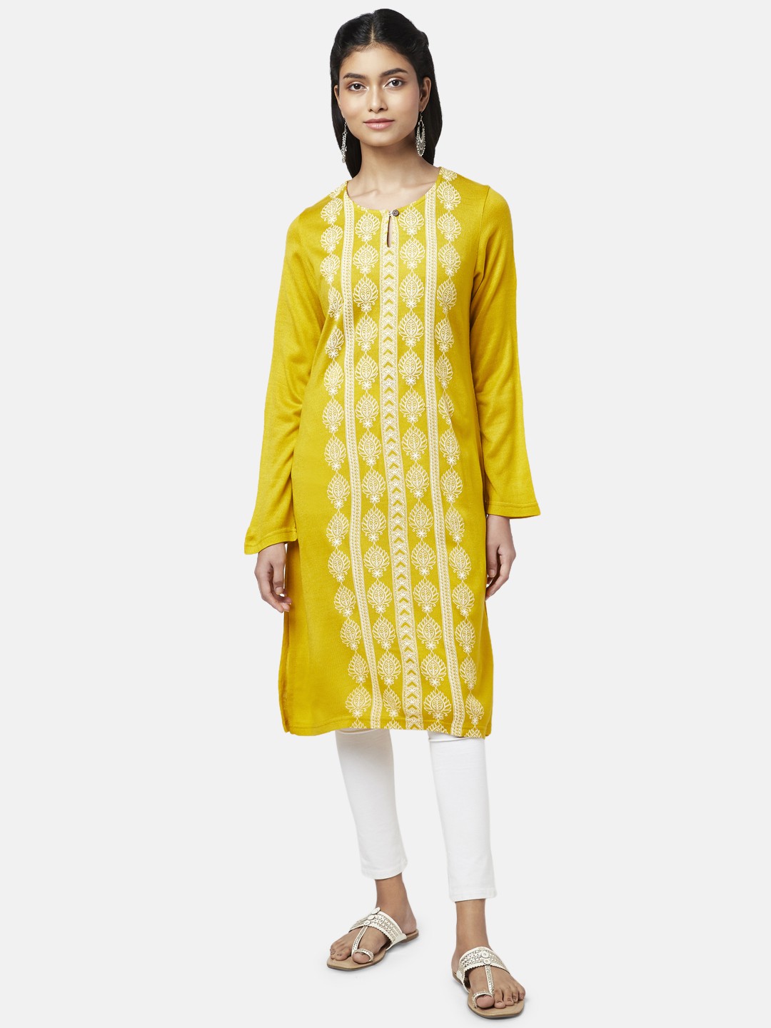 

RANGMANCH BY PANTALOONS Women Yellow Ethnic Motifs Embroidered Keyhole Neck Thread Work Kurta