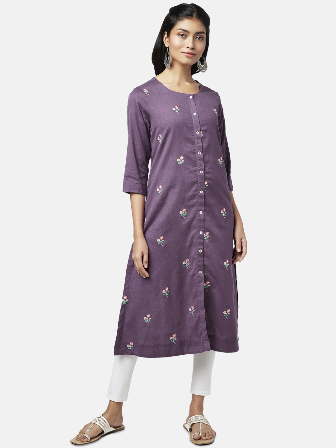 

RANGMANCH BY PANTALOONS Floral Embroidered Cotton Kurta, Purple