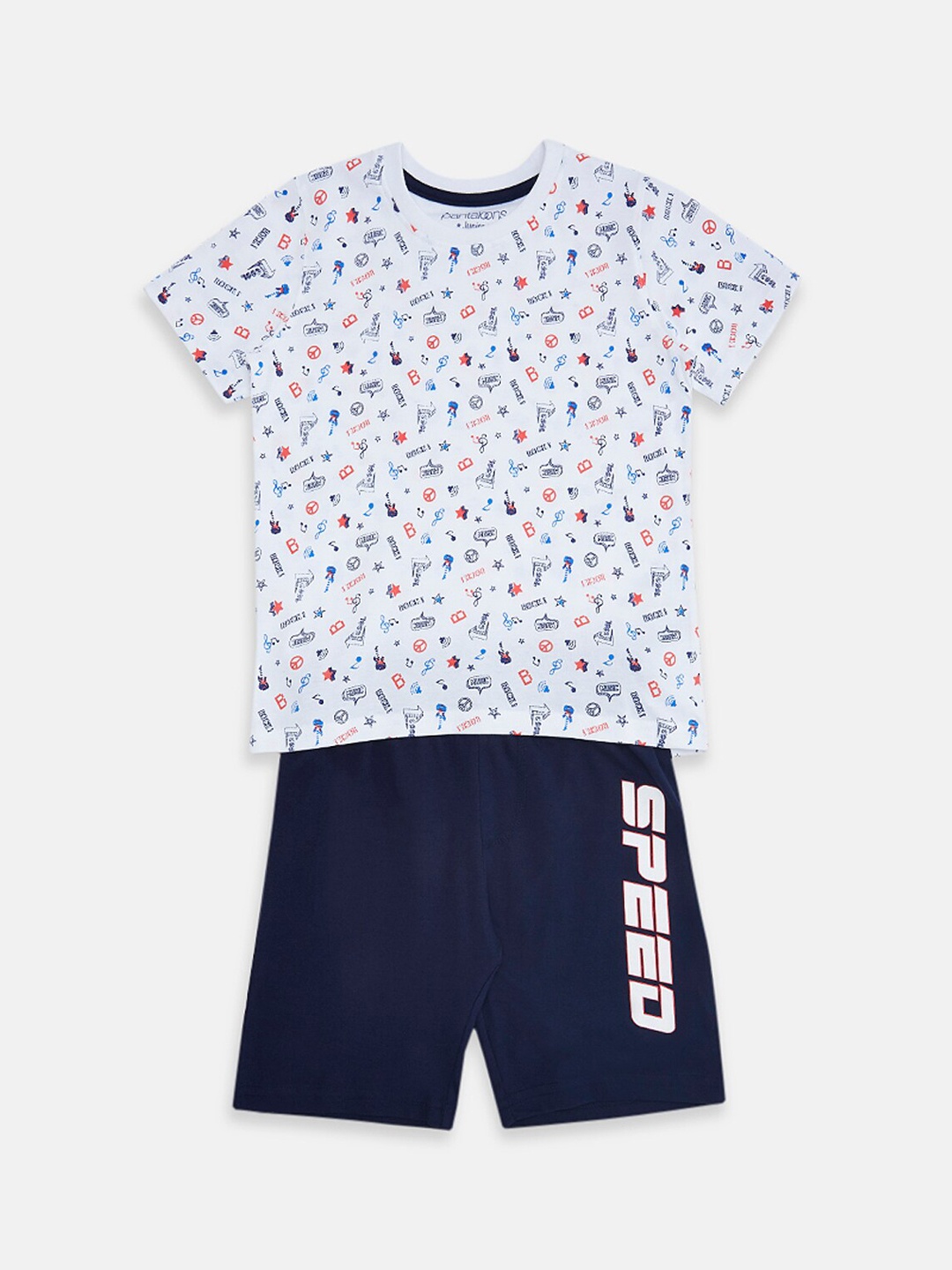 

Pantaloons Junior Boys White & Navy Blue Printed Night Suit