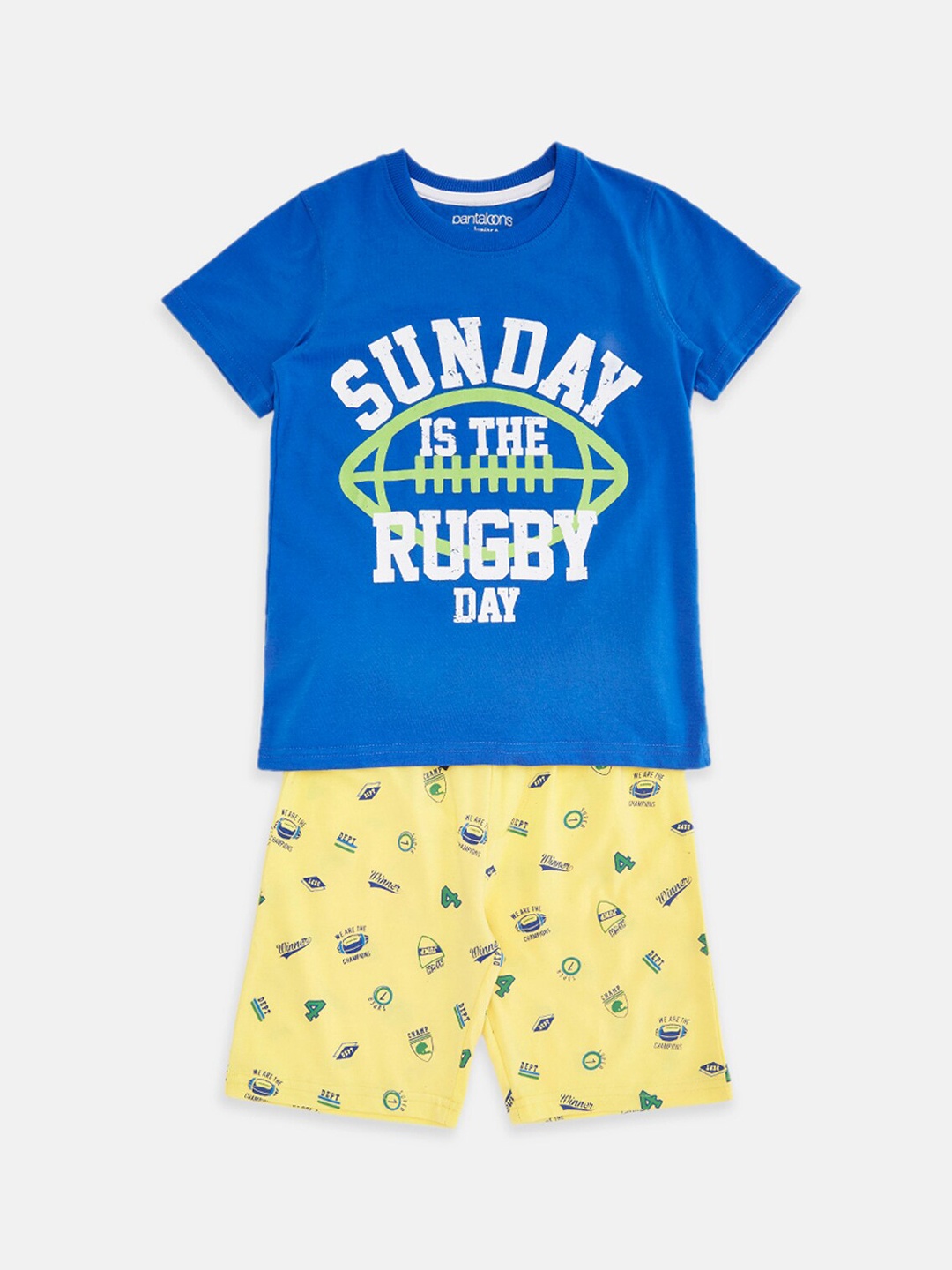 

Pantaloons Junior Boys Blue & Yellow Printed Night Suit