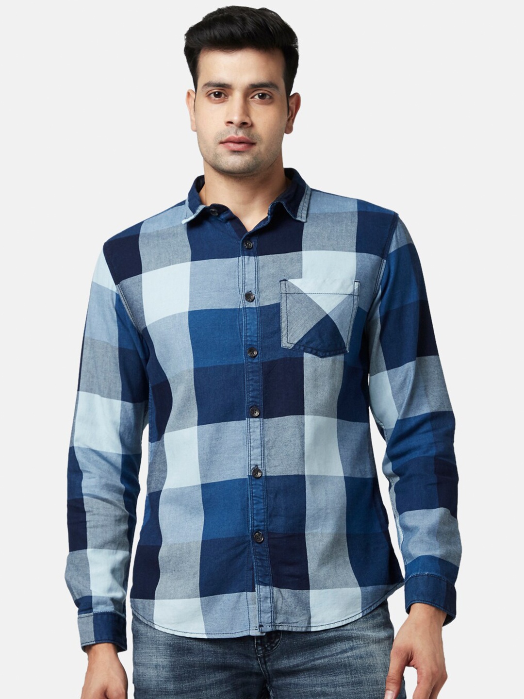 

SF JEANS by Pantaloons Men Slim Fit Windowpane Checks Cotton Casual Shirt, Blue