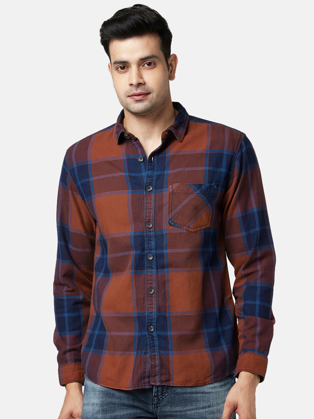 

SF JEANS by Pantaloons Men Slim Fit Tartan Checks Cotton Casual Shirt, Brown