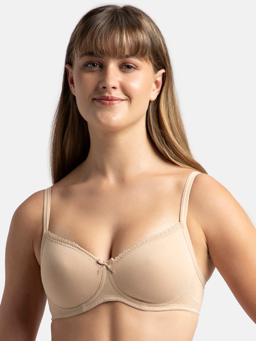 

Jockey Wirefree Padded Plus Size Cotton Medium Coverage Tshirt Bra with Lace Styling -1723, Beige
