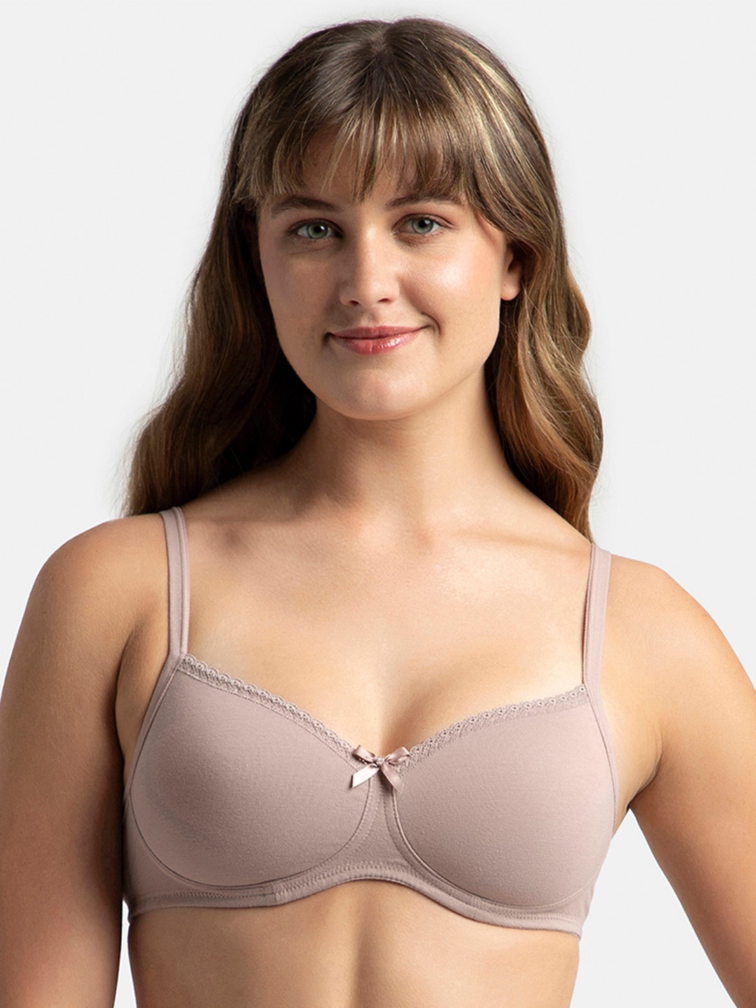

Jockey Wirefree Padded Plus Size Cotton Medium Coverage Tshirt Bra with Lace Styling -1723, Beige