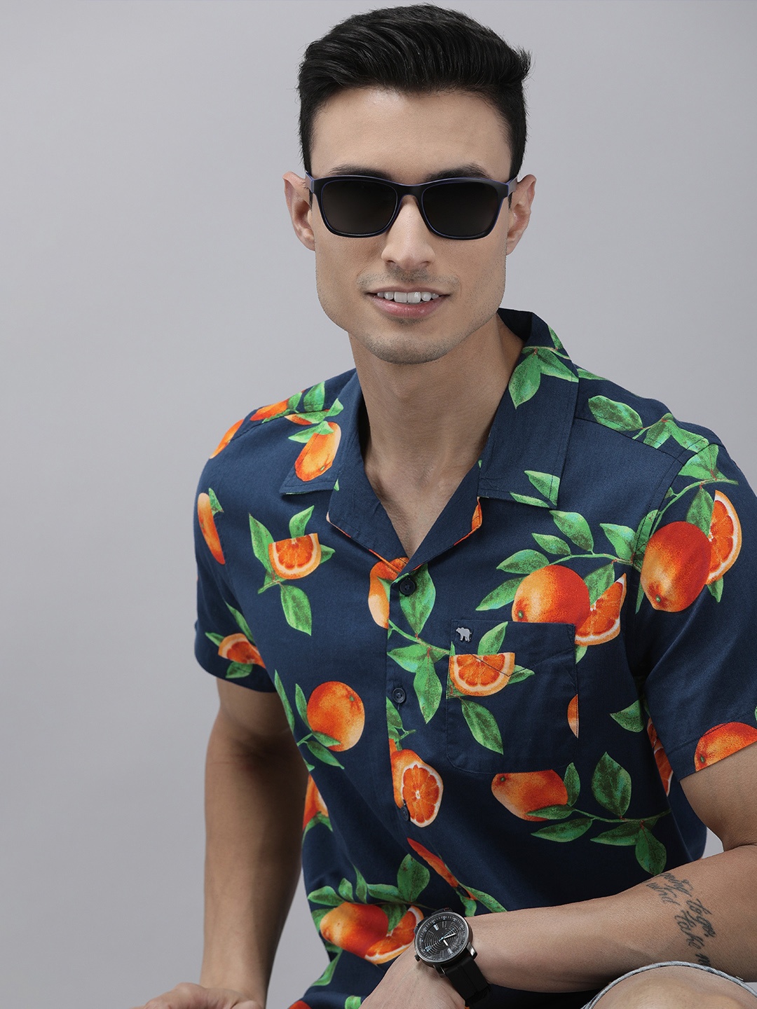 

THE BEAR HOUSE Men Navy Blue & Orange Slim Fit Ethnic Printed Casual Shirt