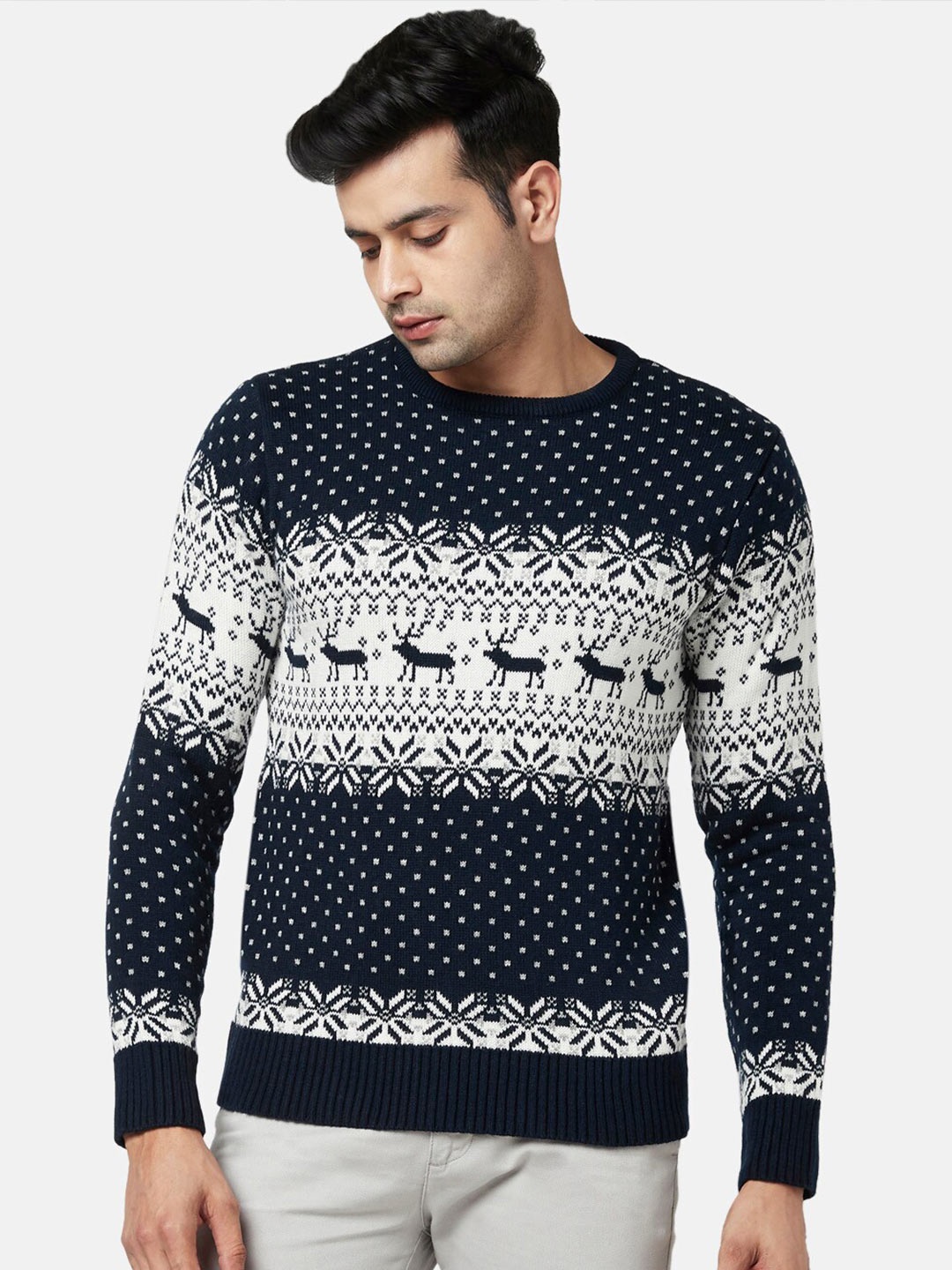 

BYFORD by Pantaloons Men Navy Blue & White Printed Acrylic Round Neck Pullover