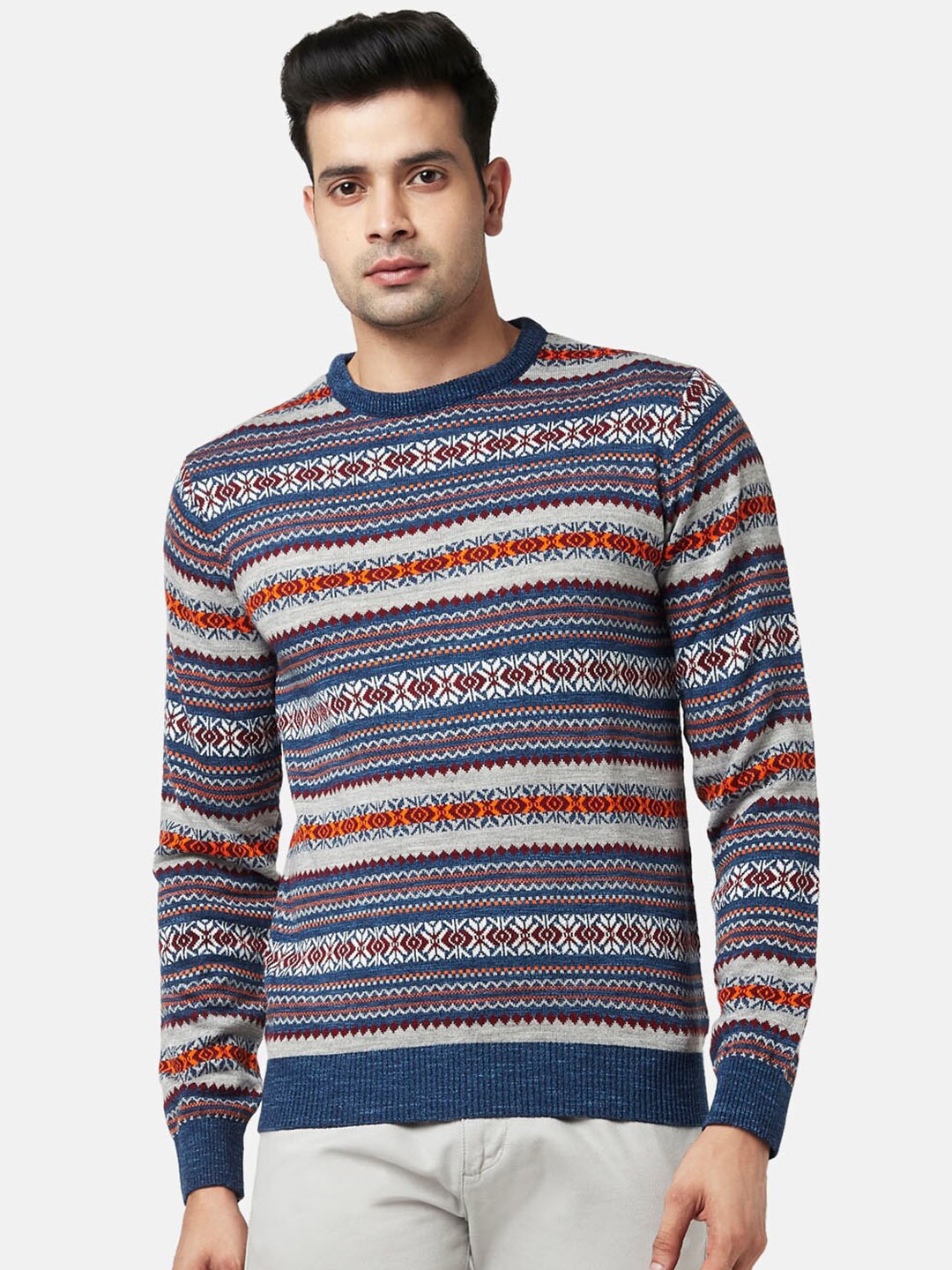 

BYFORD by Pantaloons Men Blue & Grey Printed Acrylic Round Neck Pullover