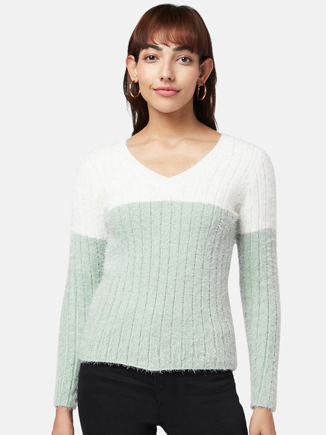 

Honey by Pantaloons Women Green & White Colourblocked Pullover