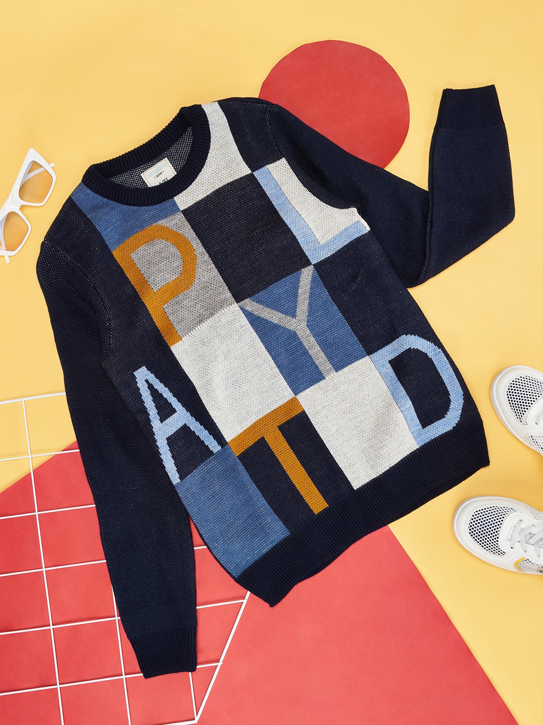 

Pantaloons Junior Boys Navy Blue & Grey Typography Acrylic Printed Pullover